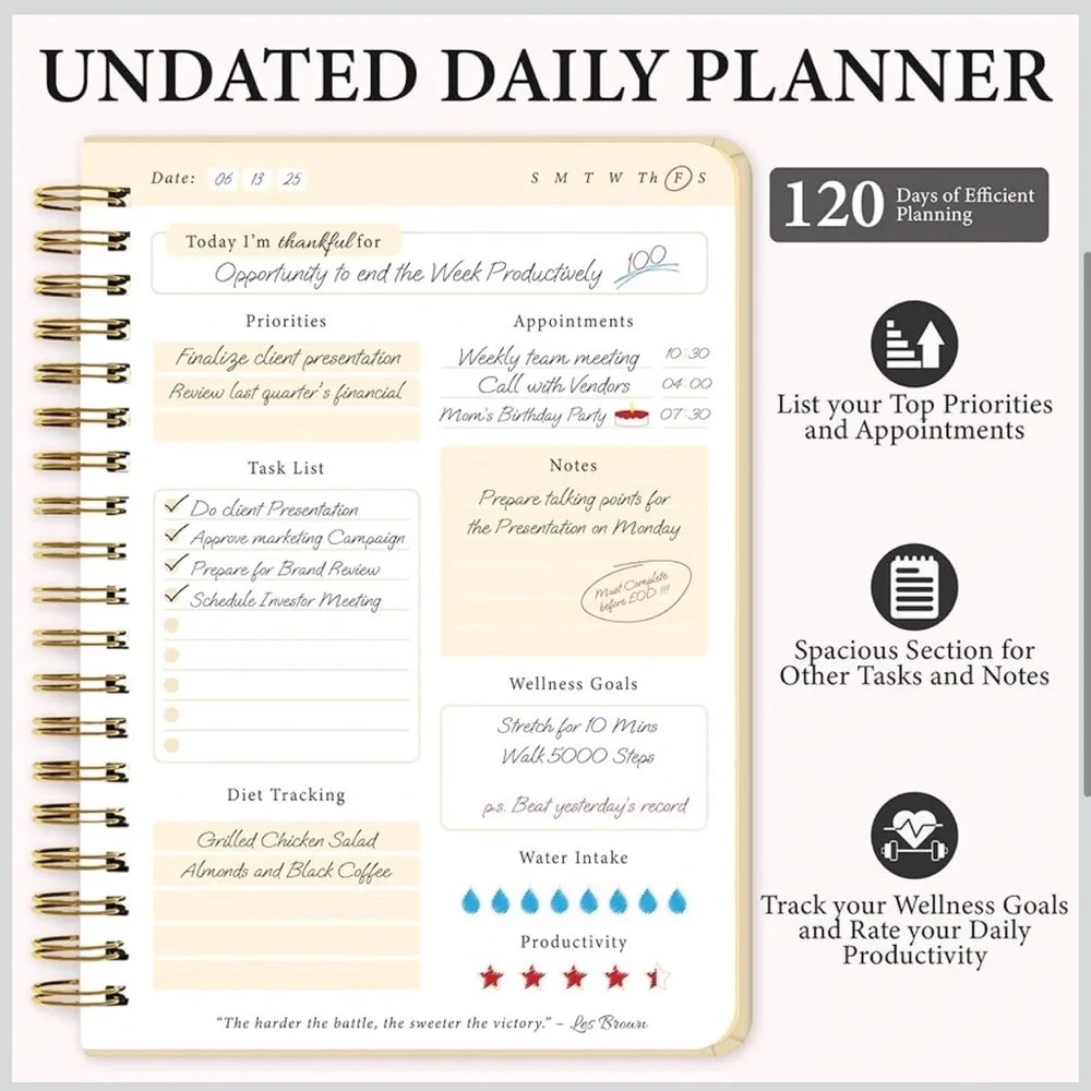 Undated Floral Spiral To Do Planner in Cream and Gold